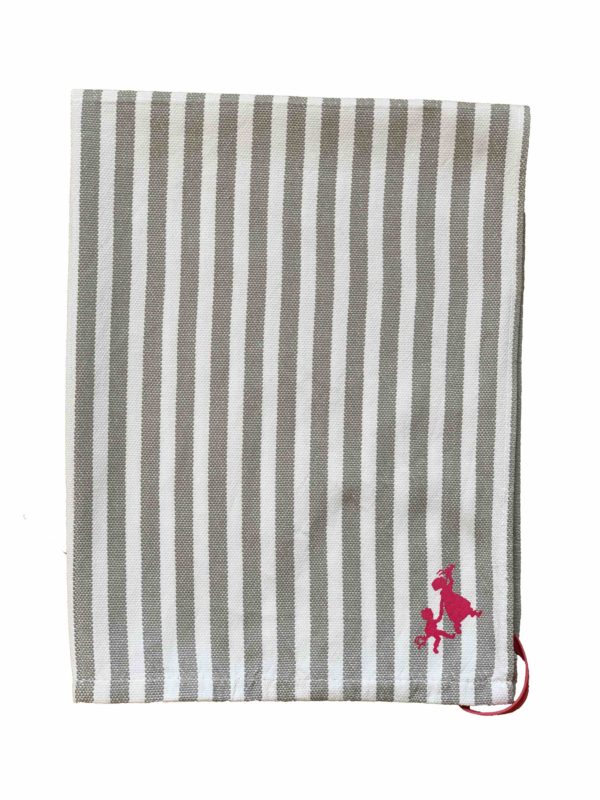 personalisiertes Geschirrtuch grau-weiß gestreift mit Motiv in pink