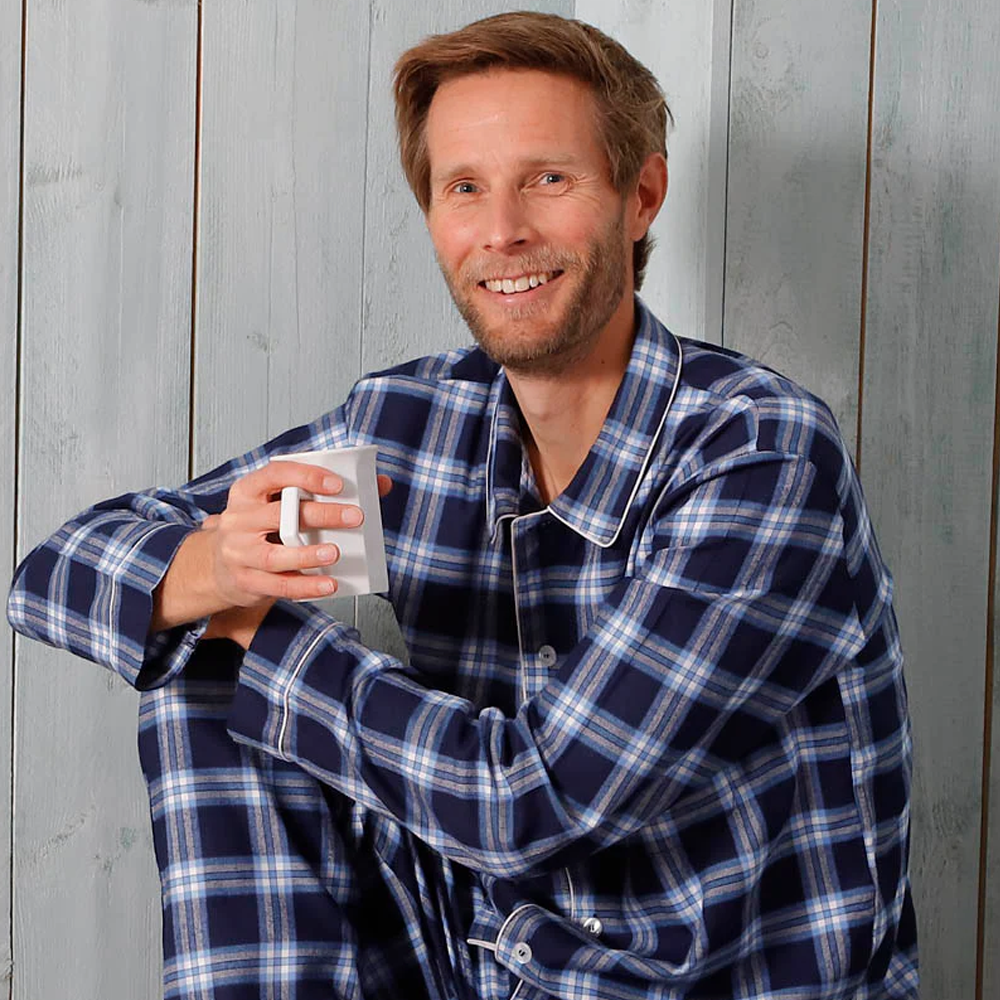 Herren-Pyjama blau kariert Flanell Nachtwäsche Indian Affairs