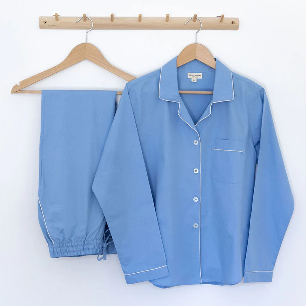 Damen Pyjama blau einfarbig, Nachtwäsche Indian Affairs