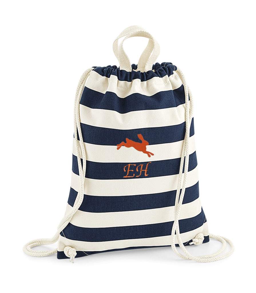 personalisierter Turnbeutel dunkelblau gestreift mit Name und Motiv in orange