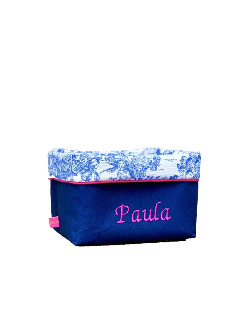 dunkelblaues Utensilo mit Innenstoff toile de jouy blau, Name in pink, Rand pink